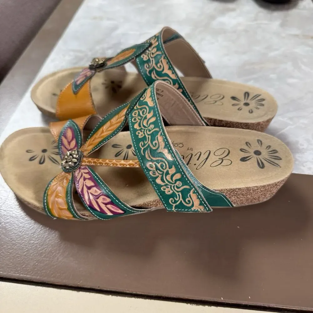 Elite By Corky’s Sandals 9 Womens Hippie Boho Adjustable Strap Artsy Tropical - Picture 4 of 8